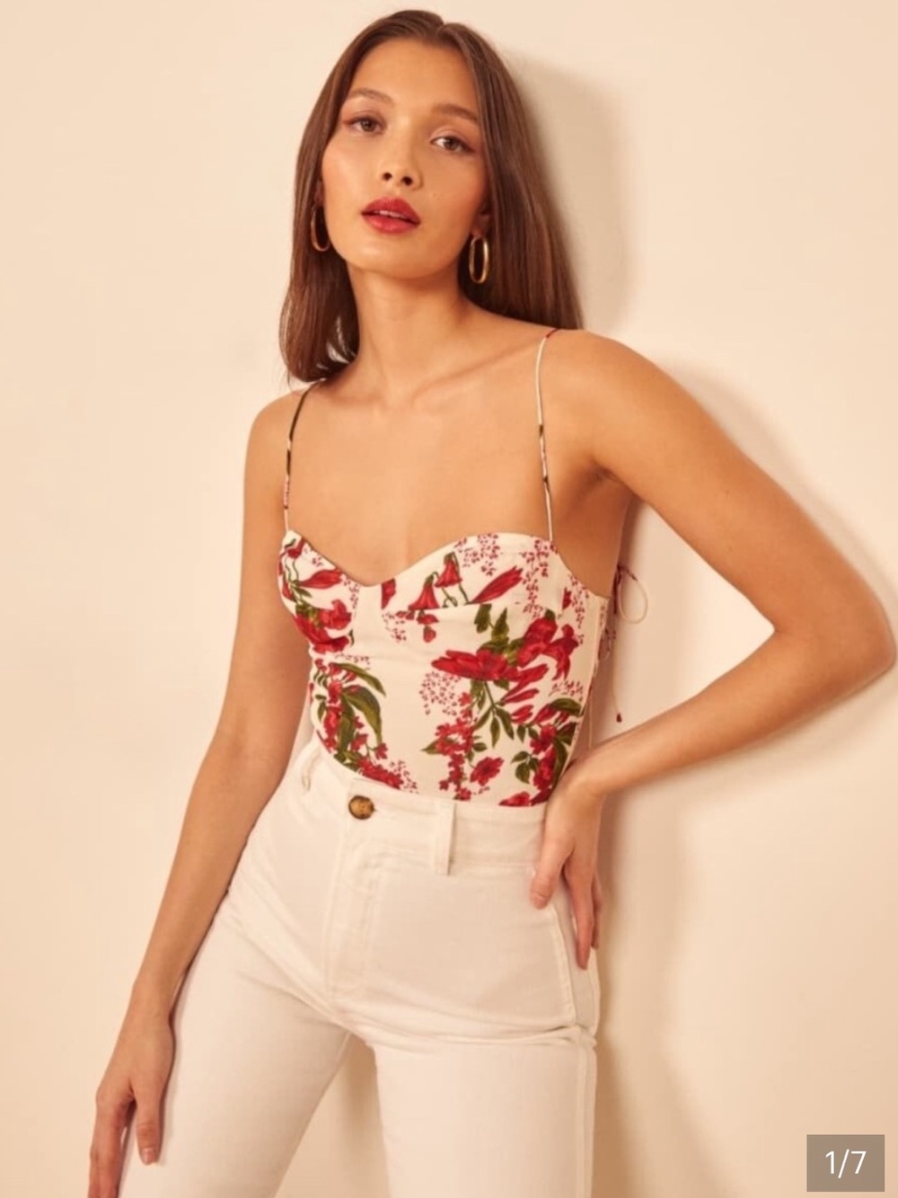 Reformation Floral Bustier Camisole in Cream with Red Print